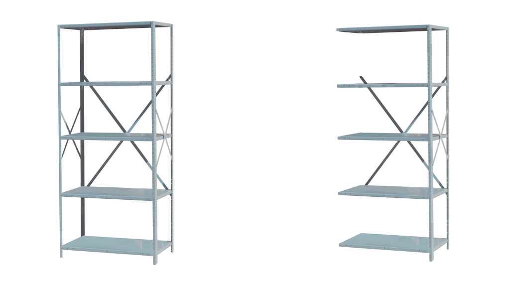Industrial metal shelving starter section and adder section.