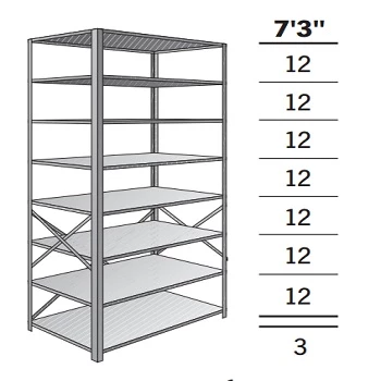 36” x 12” x 87” Open Metal Box Shelving Starter- 8 Shelf